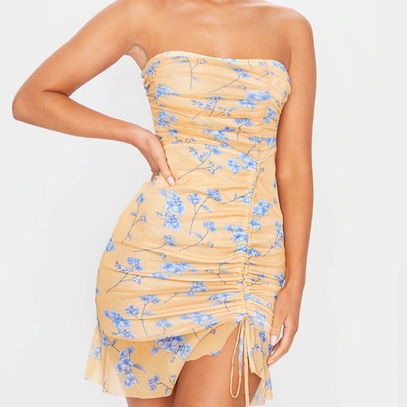 Pretty Little Things Yellow Ruched Mini Dress - Picture 1 of 5